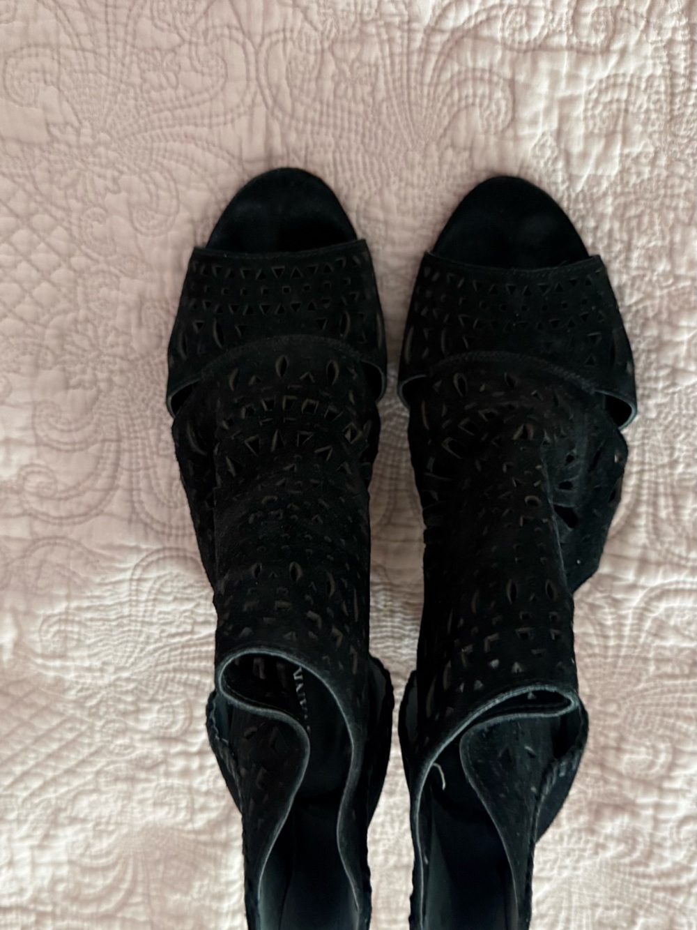 Ivanka Trump Black Laser-Cut Suede Peep-Toe Heels